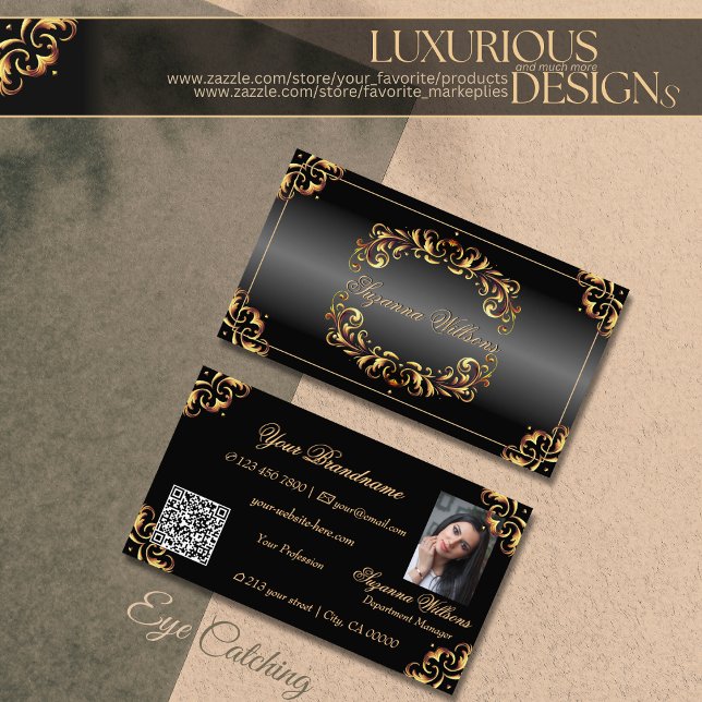 Shimmery Black Gold Decor with Photo and QR Code Business Card (Creator Uploaded)