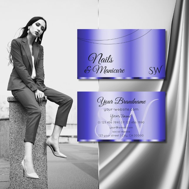 Shimmery Blue Glamourous with Initials Modern Business Card (Creator Uploaded)
