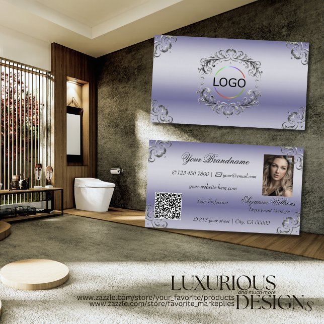 Shimmery Blue Silver Decor Logo Photo and QR Code Business Card (Creator Uploaded)