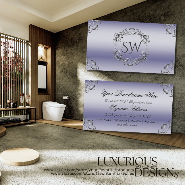 Shimmery Blue Silver Decor with Monogram Sumptuous Business Card (Creator Uploaded)