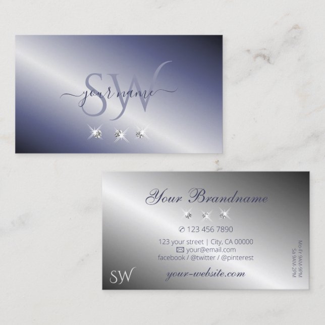 Shimmery Blue Silver Sparkling Diamonds Initials Business Card (Front/Back)