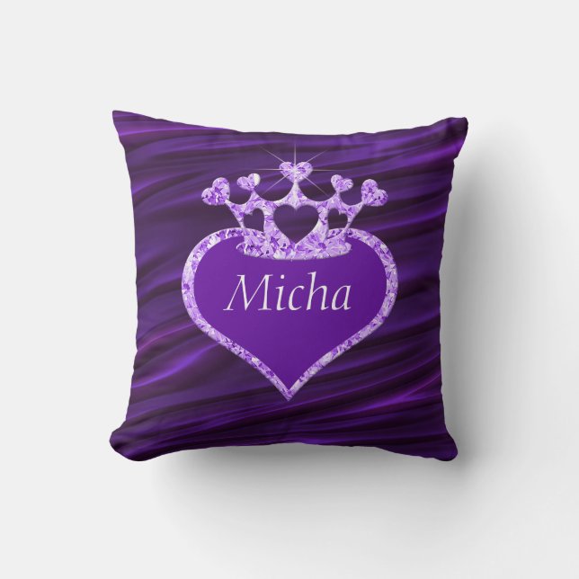 Shimmery Creased Purple Satin Crown Monogram Cushion (Front)