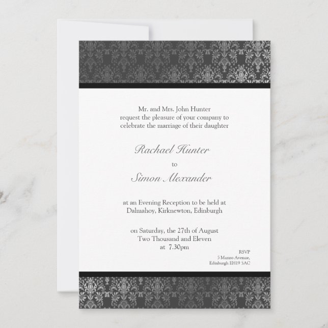 Shimmery Effect Damask Wedding Invitation - Grey (Front)