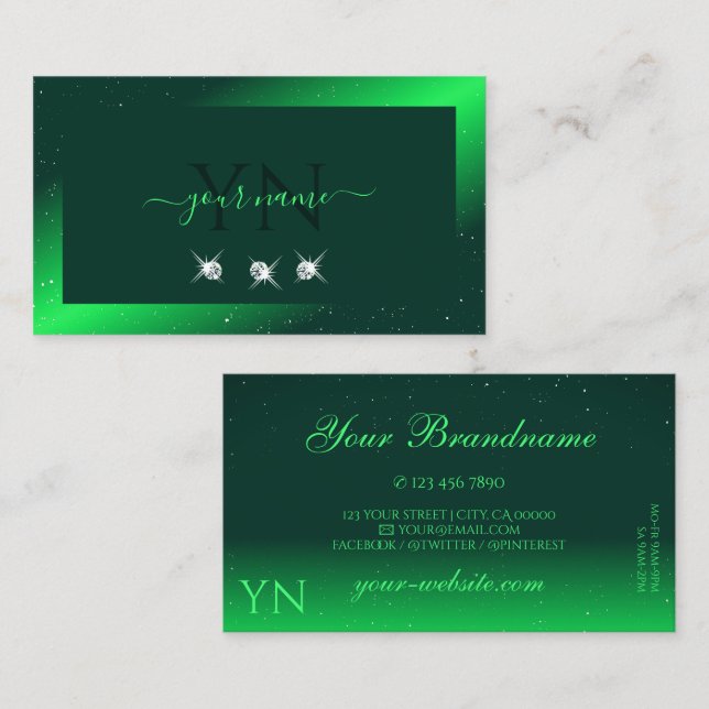 Shimmery Emerald Green Sparkling Diamonds Initials Business Card (Front/Back)