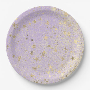 Shimmery Glittery Gold Stars on Lavender Paper Plate