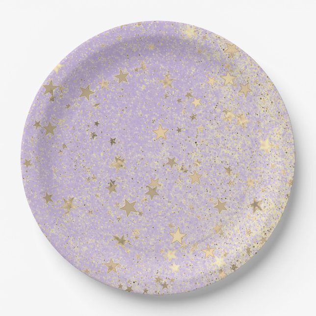Shimmery Glittery Gold Stars on Lavender      Paper Plate (Front)
