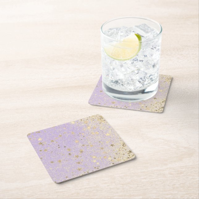 Shimmery Glittery Gold Stars on Lavender  Square Paper Coaster (Insitu)