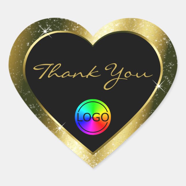 Shimmery Gold Glitter Frame Thank You with Logo Heart Sticker (Front)