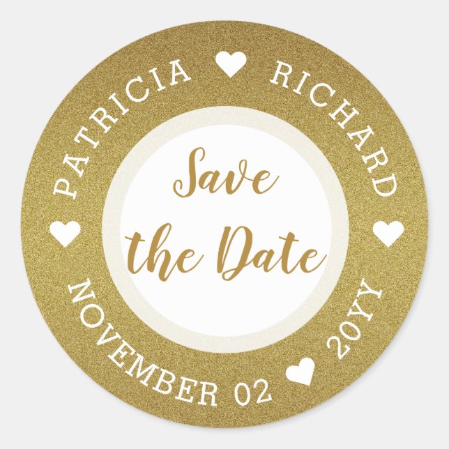 Shimmery Gold Glitter Wedding Save The Date Classic Round Sticker (Front)