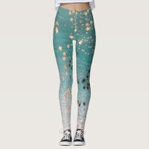 Shimmery Gold Stars on Teal Leggings