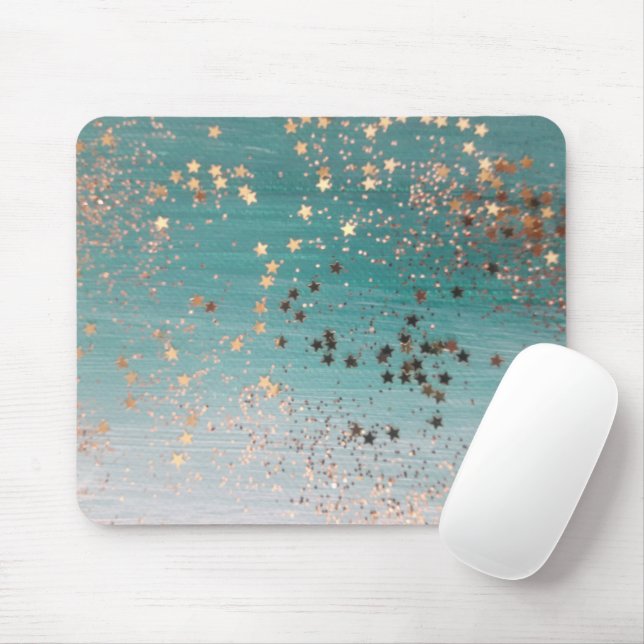 Shimmery Gold Stars on Teal  Mouse Mat (With Mouse)