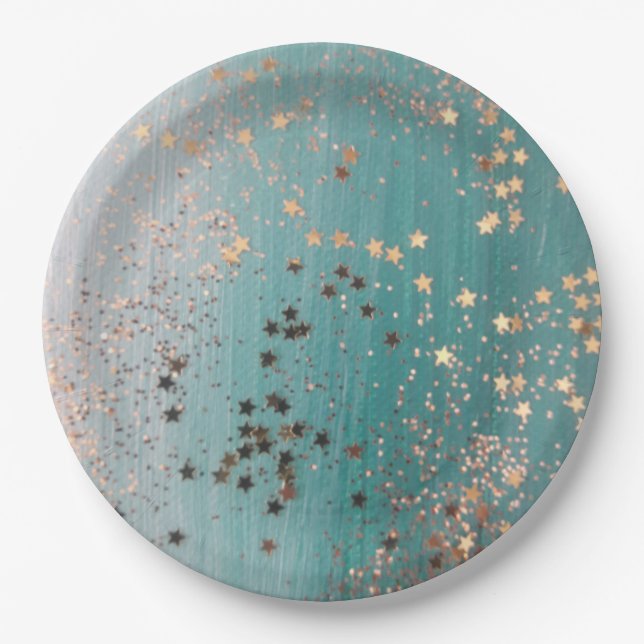 Shimmery Gold Stars on Teal  Paper Plate (Front)