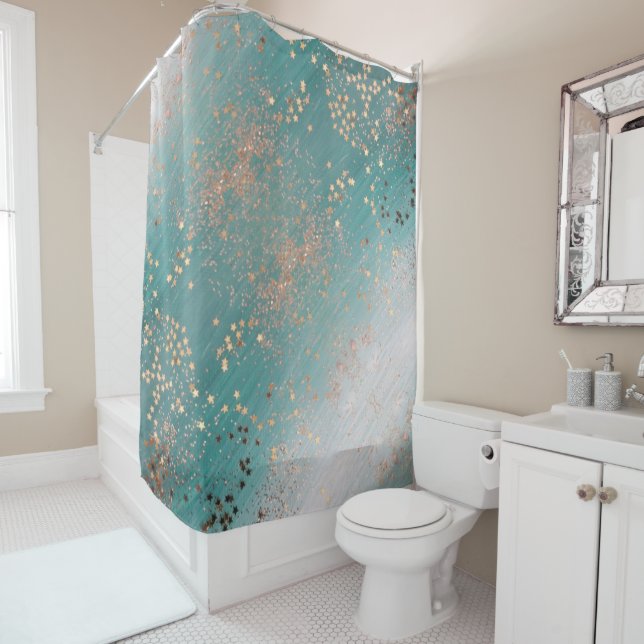 Shimmery Gold Stars on Teal  Shower Curtain (In Situ)