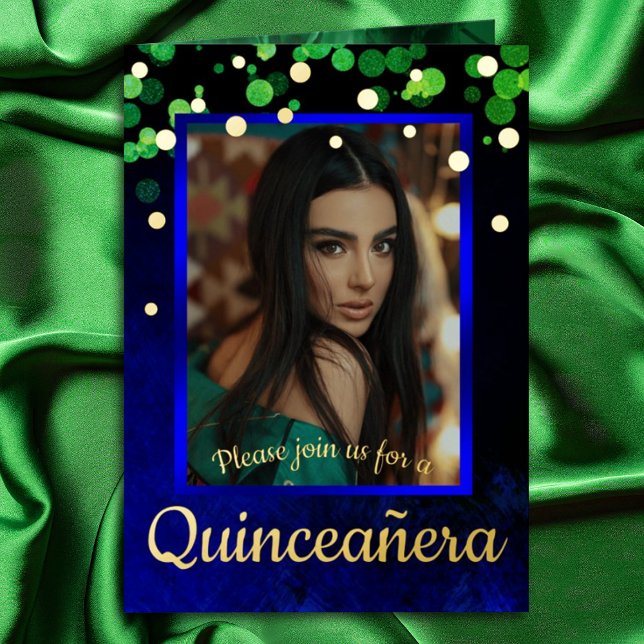 Shimmery Green & Blue Quinceanera w/ Gold Foil Foil Greeting Card (Sapphire blue, emerald green, gold foil quinceanera invitations, royal blue and green mis quince 15)