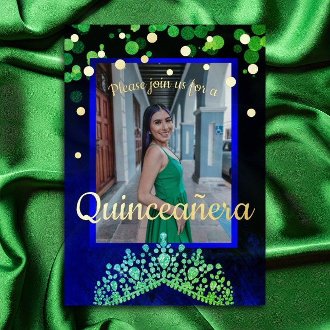 Shimmery Green, Gold, Blue Quinceanera Invitation (Emerald green tiara quinceanera, sapphire blue gemstones rhinestones mis quince invitations)