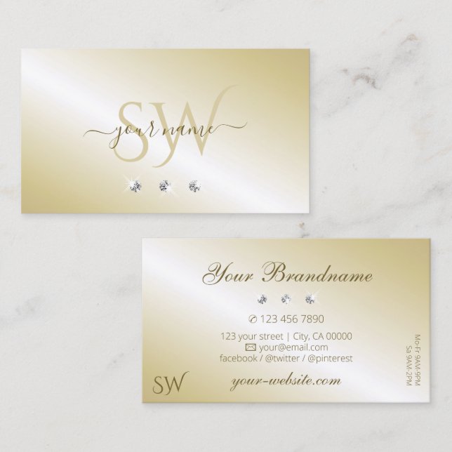 Shimmery Light Golden Sparkling Diamonds Initials Business Card (Front/Back)