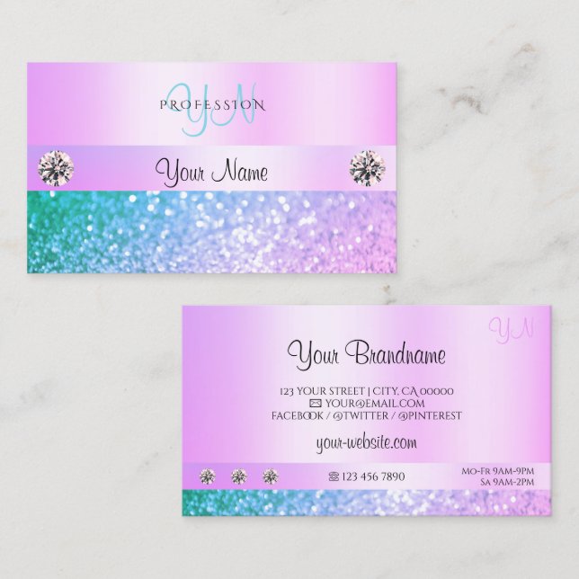 Shimmery Light Pink Teal Glitter Monogram Pastel Business Card (Front/Back)