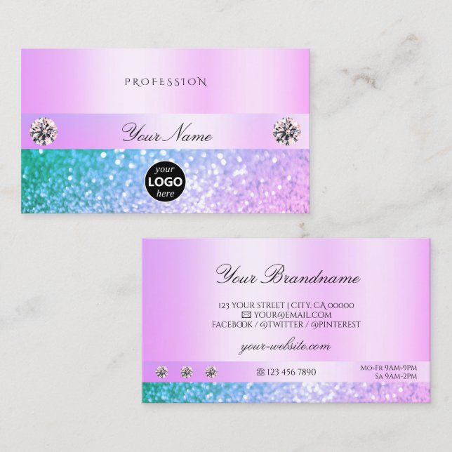 Shimmery Light Pink Teal Glitter with Logo Pastel Business Card (Front/Back)