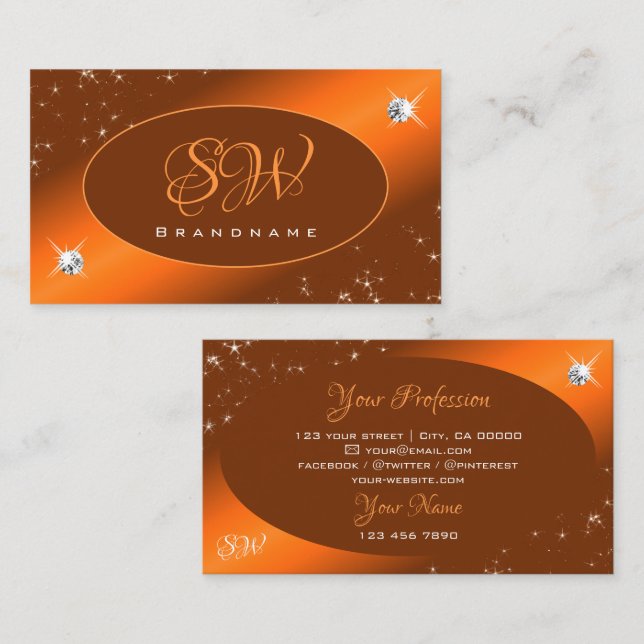 Shimmery Orange Cute Glitter Stars Jewels Monogram Business Card (Front/Back)