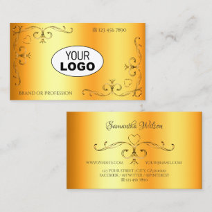 Shimmery Ornate Corners with Logo Luminous Orange Business Card