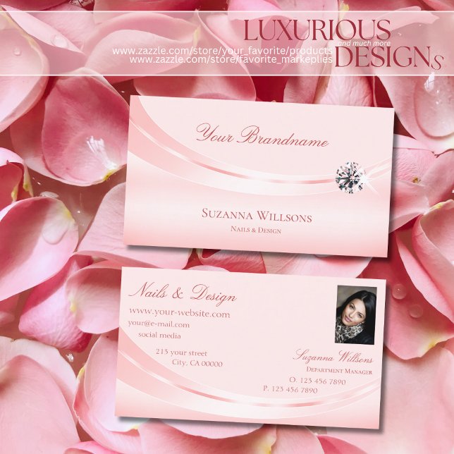 Shimmery Pastel Pink with Photo and Diamond Modern Business Card (Creator Uploaded)