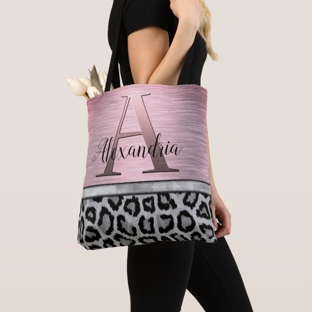 Shimmery Pink Blush Monogram Leopard Tote Bag (Close Up)