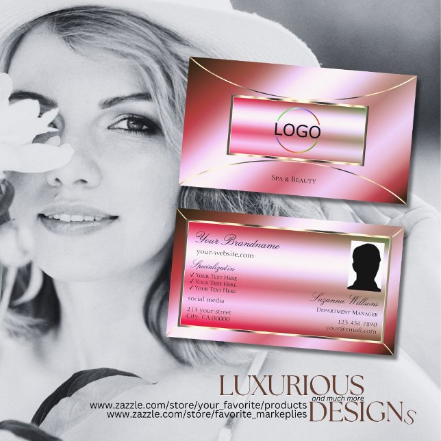 Shimmery Pink Green Gradient with Logo and Photo Business Card (Creator Uploaded)