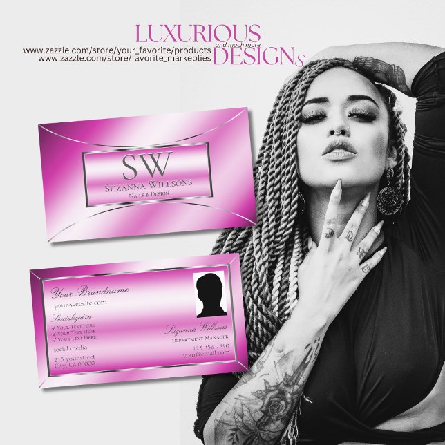 Shimmery Pink Silver Decor with Monogram and Photo Business Card (Creator Uploaded)