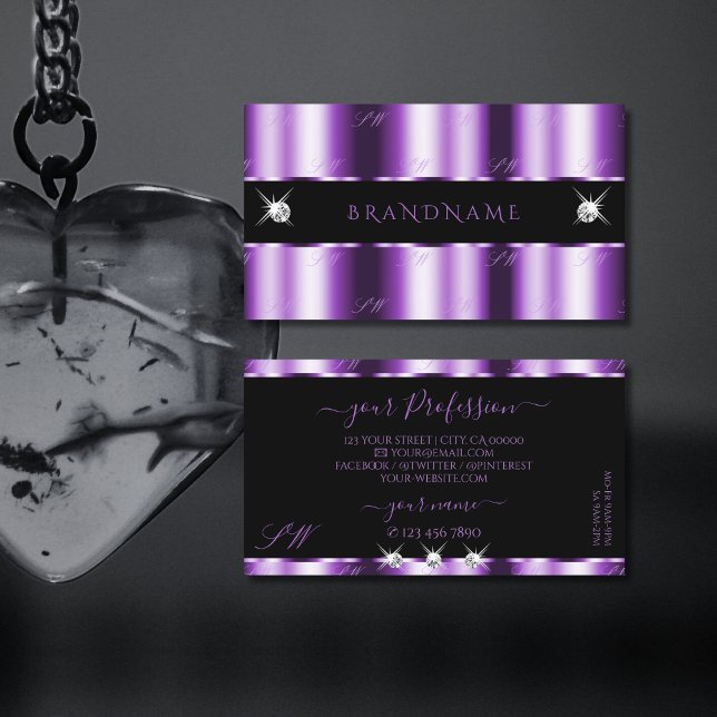 Shimmery Purple Black Sparkling Diamonds Initials Business Card (Creator Uploaded)