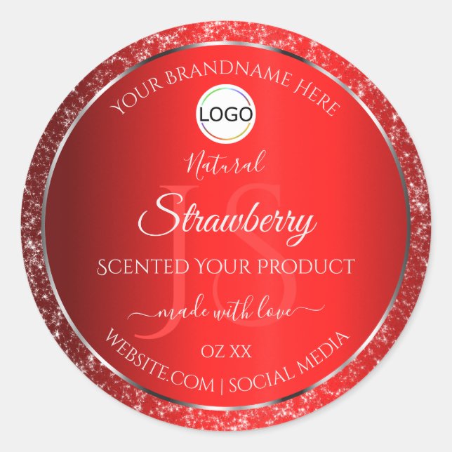 Shimmery Red Logo Initials Glitter Product Labels (Front)