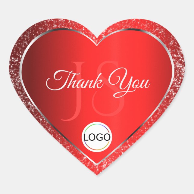 Shimmery Red with Logo Initials Glitter Thank You Heart Sticker (Front)