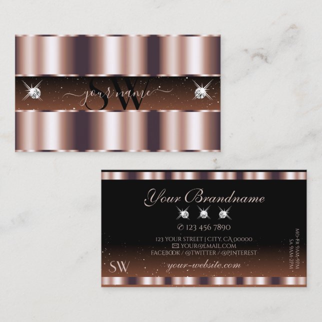 Shimmery Rose Gold Brown Sparkle Jewels Initials Business Card (Front/Back)