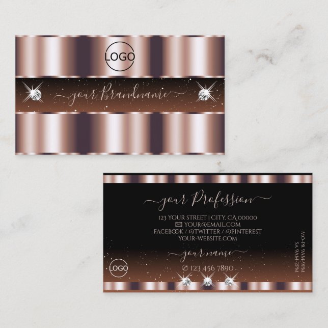 Shimmery Rose Gold Sparkle Glitzy Jewels with Logo Business Card (Front/Back)