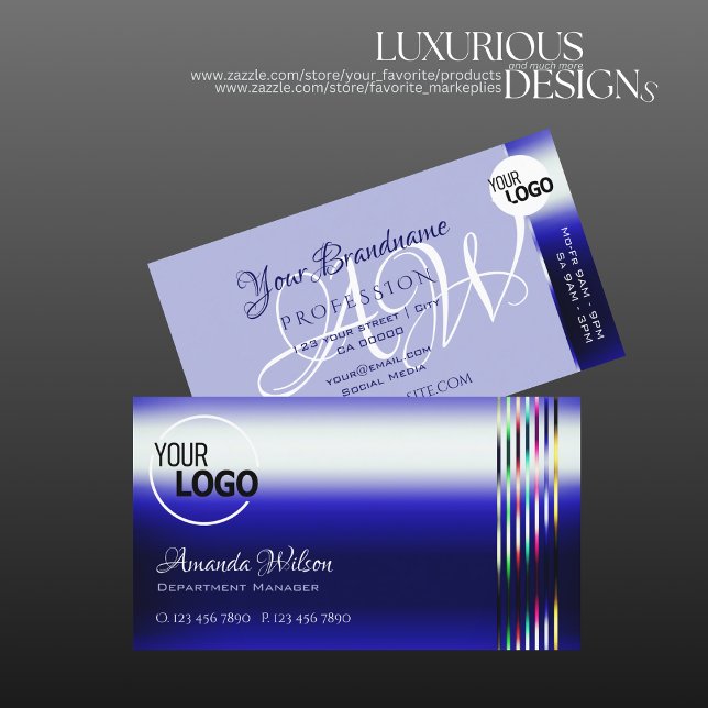 Shimmery Royal Blue and Colourful Stripes add Logo Business Card (Creator Uploaded)