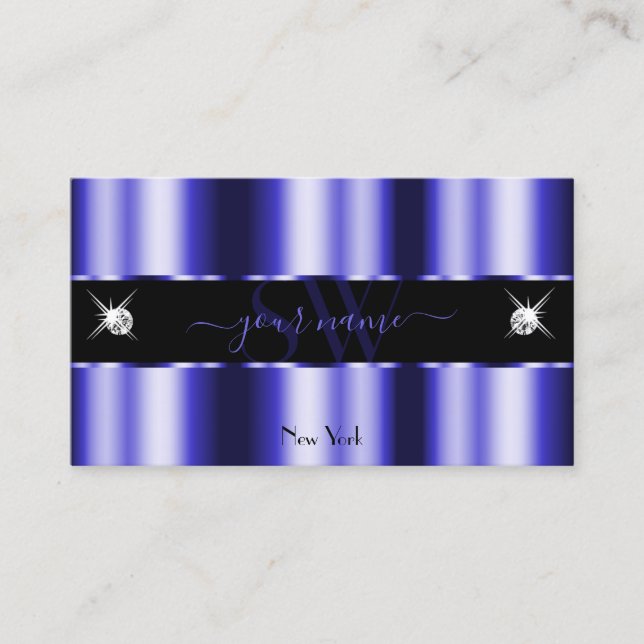 Shimmery Royal Blue Black Sparkle Jewels Initials Business Card (Front)