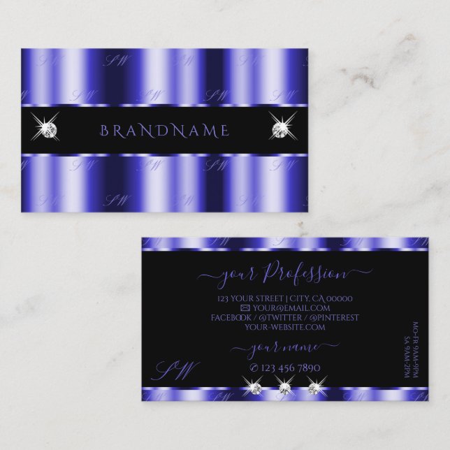 Shimmery Royal Blue Black Sparkle Jewels Monogram Business Card (Front/Back)
