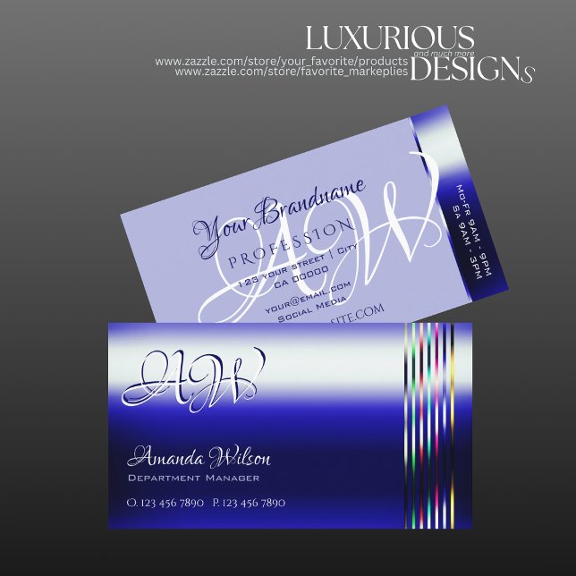 Shimmery Royal Blue Colourful Stripes and Monogram Business Card (Creator Uploaded)