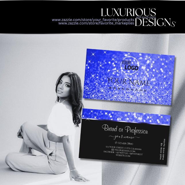 Shimmery Royal Blue Glitter Sparkle Stars add Logo Business Card (Creator Uploaded)