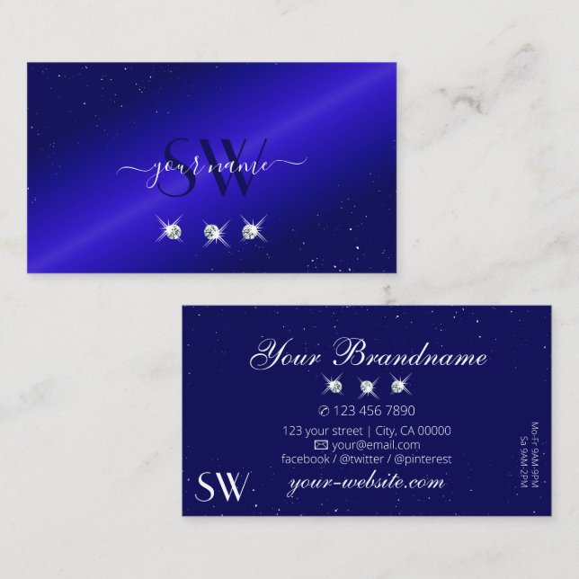 Shimmery Royal Blue Sparkling Diamonds Initials Business Card (Front/Back)