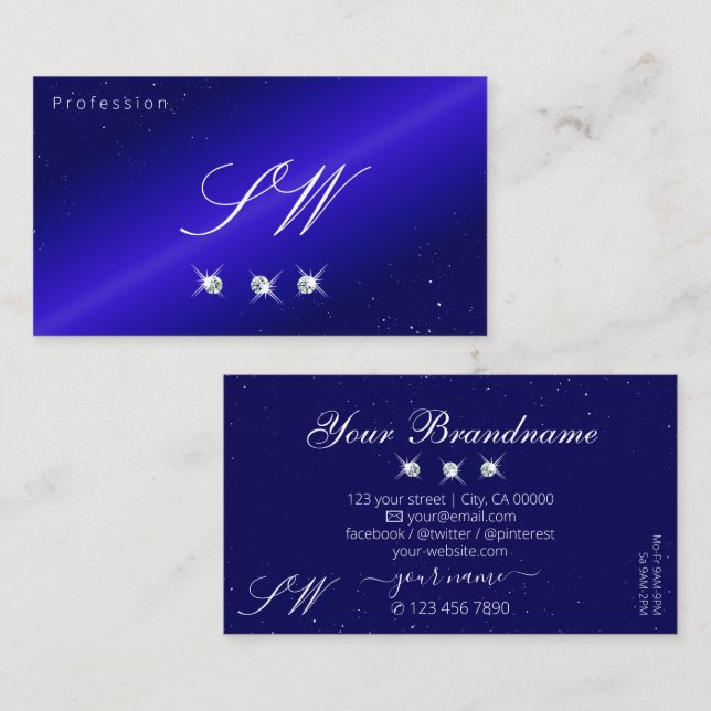 Shimmery Royal Blue Sparkling Diamonds Monogram Business Card (Front/Back)