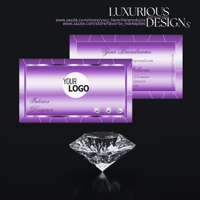 Shimmery Royal Purple with Diamonds and Logo Chic Business Card (Creator Uploaded)