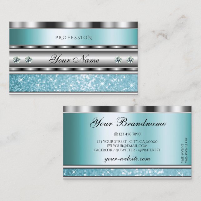 Shimmery Silver Sparkling Teal Glitter Diamonds Business Card (Front/Back)