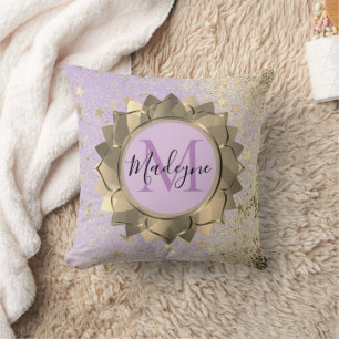 Shimmery Stars Gold Lotus Mandala Monogram Cushion