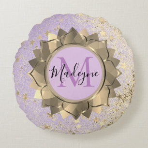 Shimmery Stars Gold Lotus Mandala Monogram Round Cushion