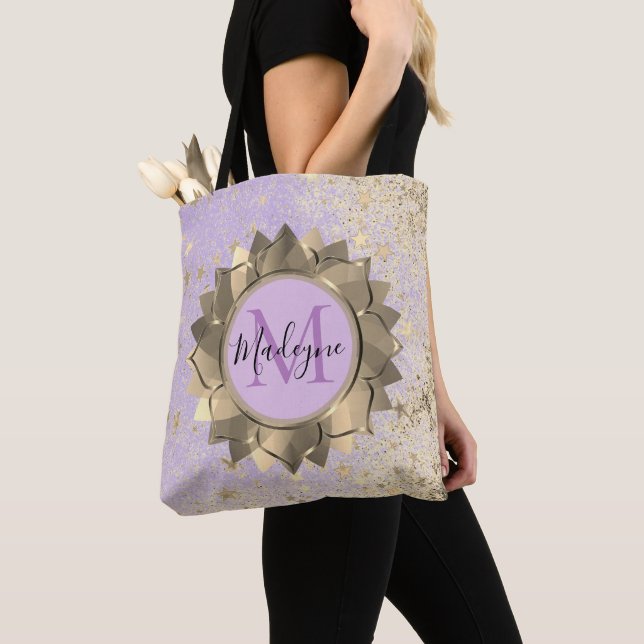 Shimmery  Stars Gold Lotus Mandala Monogram Tote Bag (Close Up)