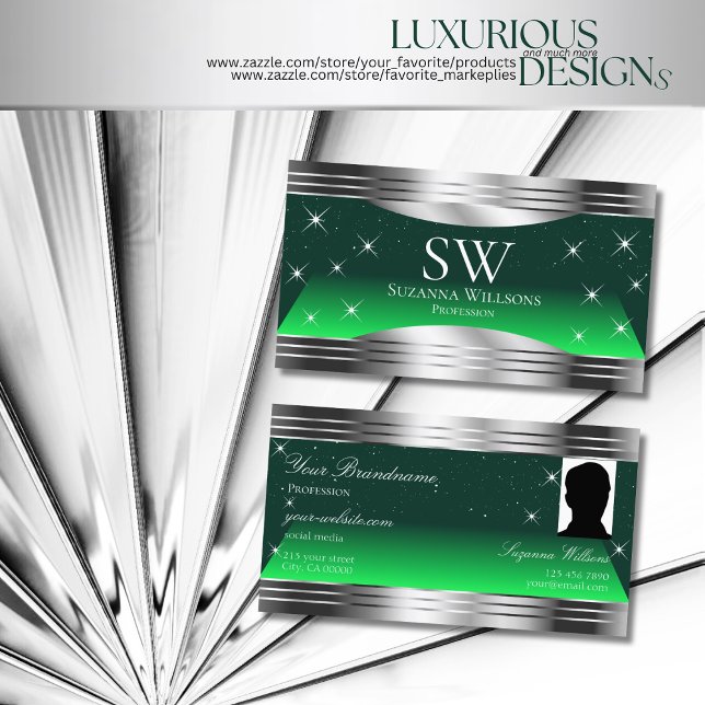 Shimmery Stars Green Silver Borders Monogram Photo Business Card (Creator Uploaded)