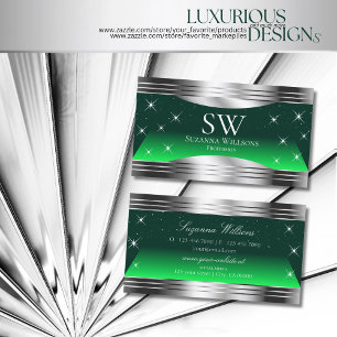 Shimmery Stars Green Silver Borders with Monogram Business Card
