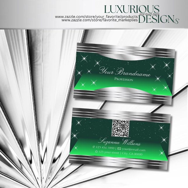 Shimmery Stars Green Silver Borders with QR Code Business Card (Creator Uploaded)