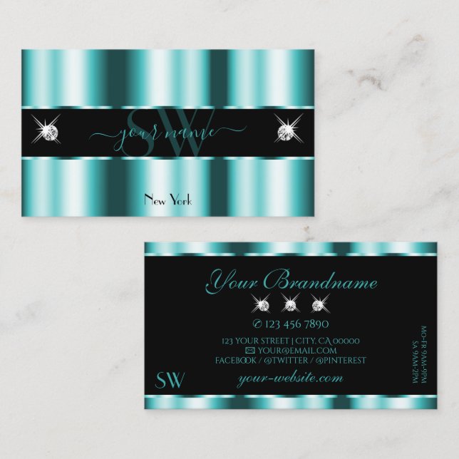 Shimmery Teal Black Sparkling Diamonds Monogram Business Card (Front/Back)