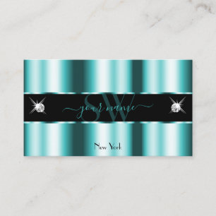 Shimmery Teal Black Sparkling Diamonds Monogram Business Card